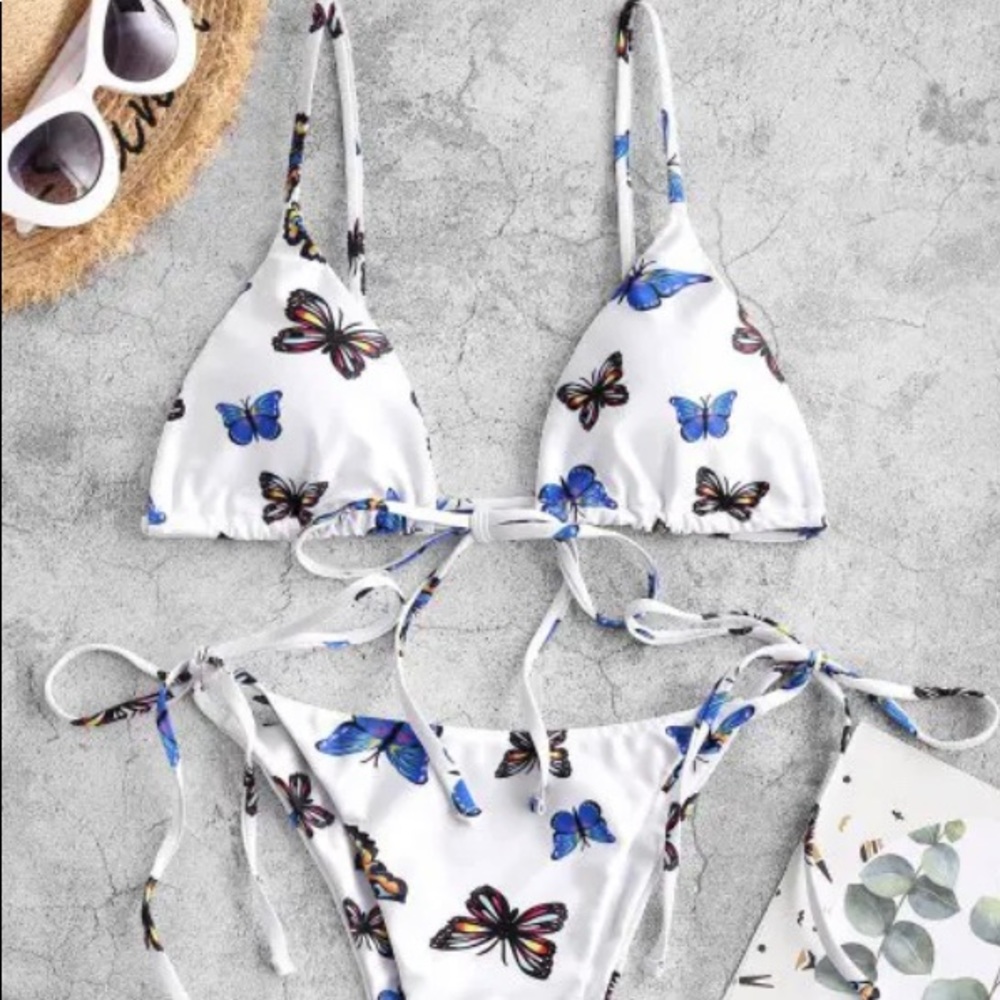 Blue Butterfly Print Tie String Bikini Swimwear, Medium